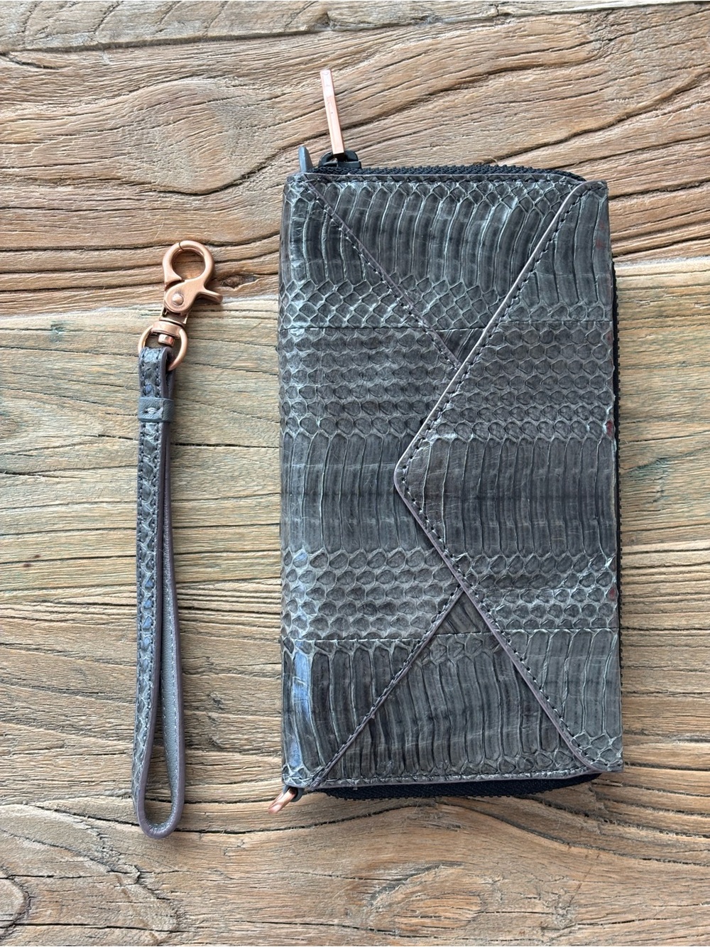 Loeffler Randall Grey Snake Skin Leather Zip Wallet with Wrist Strap
